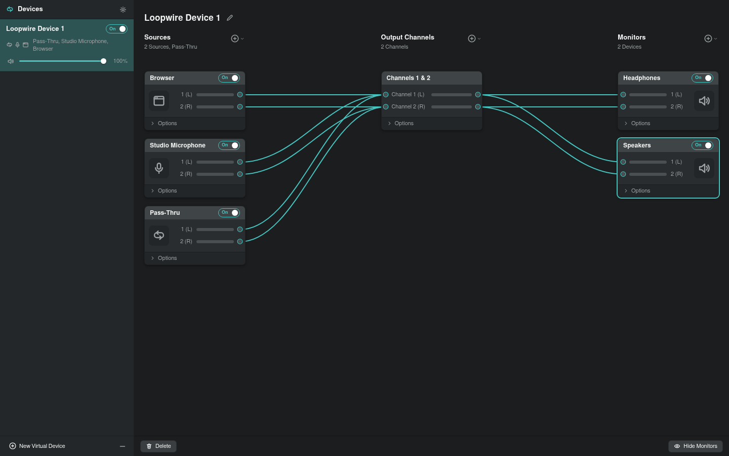 Loopwire desktop shell with saved configurations, backend prompt, route controls, outputs, and monitors.